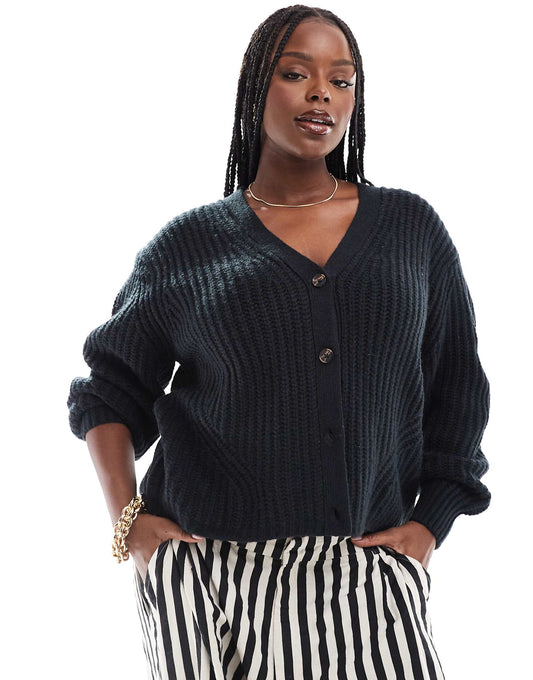 Curve Fluffy Rib Cardigan With V Neck