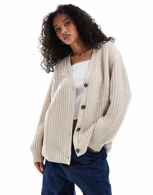 Fluffy Rib Cardigan With V Neck