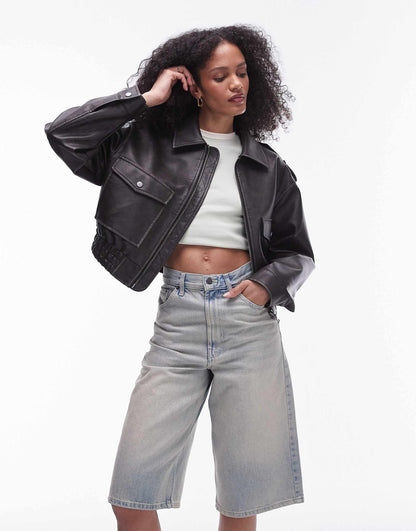 Faux Leather Short Bomber Jacket