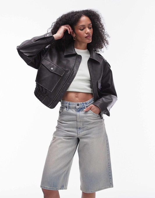Faux Leather Short Bomber Jacket