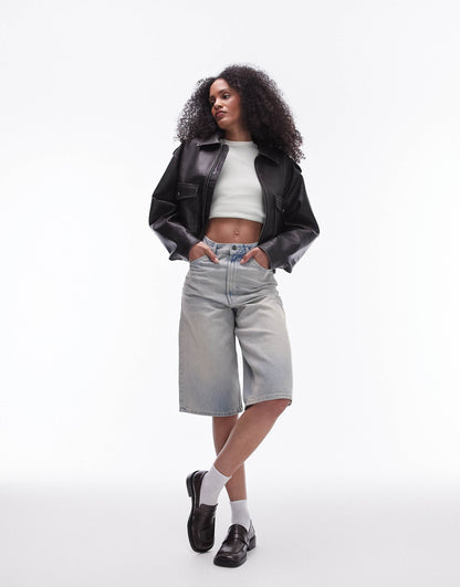 Faux Leather Short Bomber Jacket
