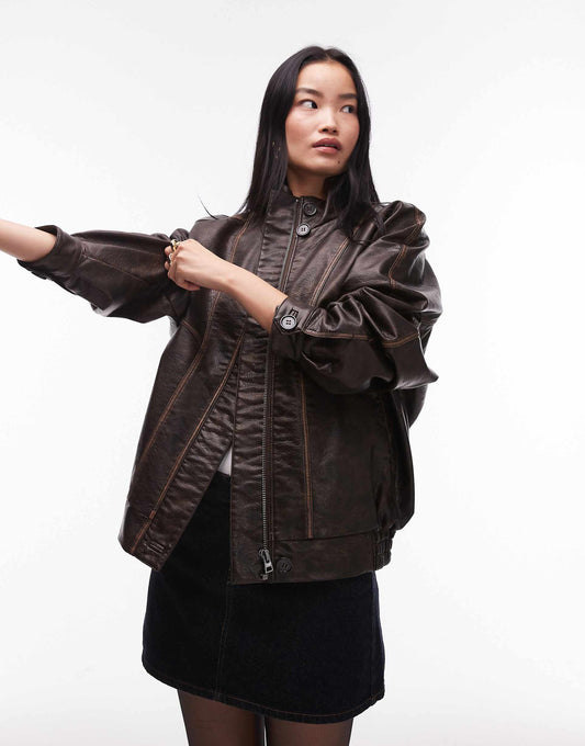 Faux Leather Oversized Bomber Jacket