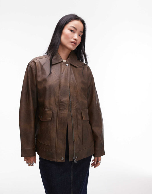 Faux Leather Zip Through 90S Jacket With Patch Pockets