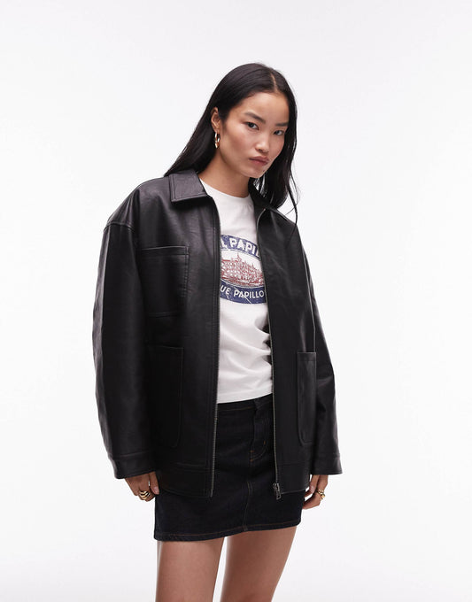 Faux Leather Zip Through 80S Jacket With Patch Pockets