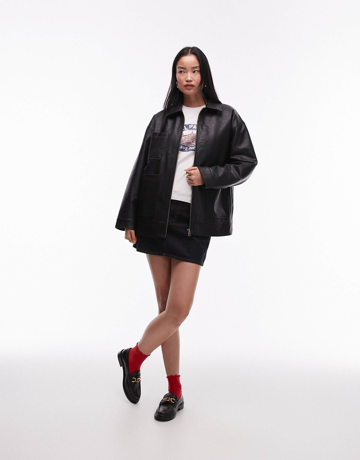 Faux Leather Zip Through 80S Jacket With Patch Pockets