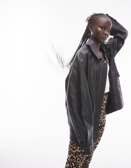 Faux Leather Zip Through 90S Jacket With Pockets