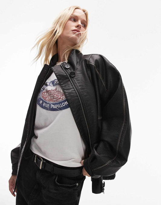 Faux Leather Oversized Bomber Jacket