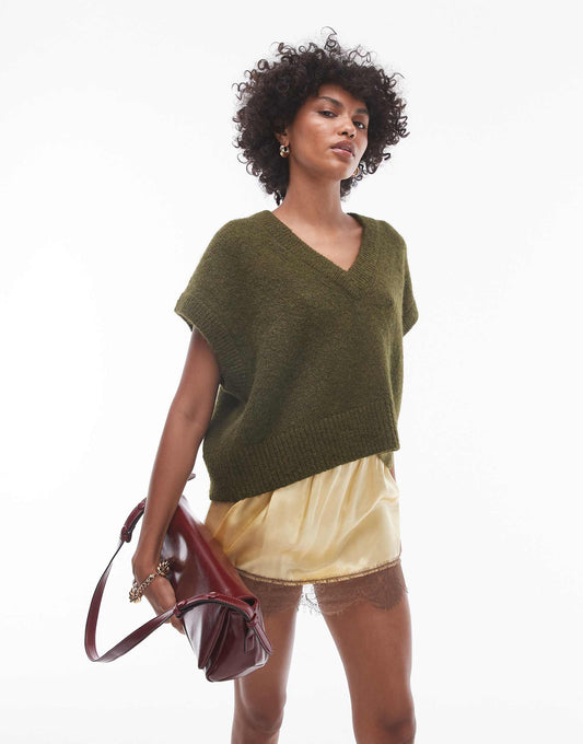 Knitted V-Neck Seam Front Off Shoulder Relaxed Vest