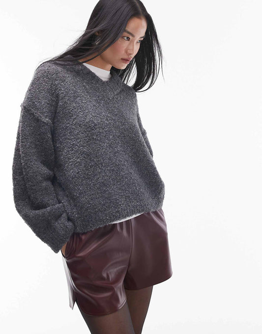 Knitted High V-Neck Boucle Jumper