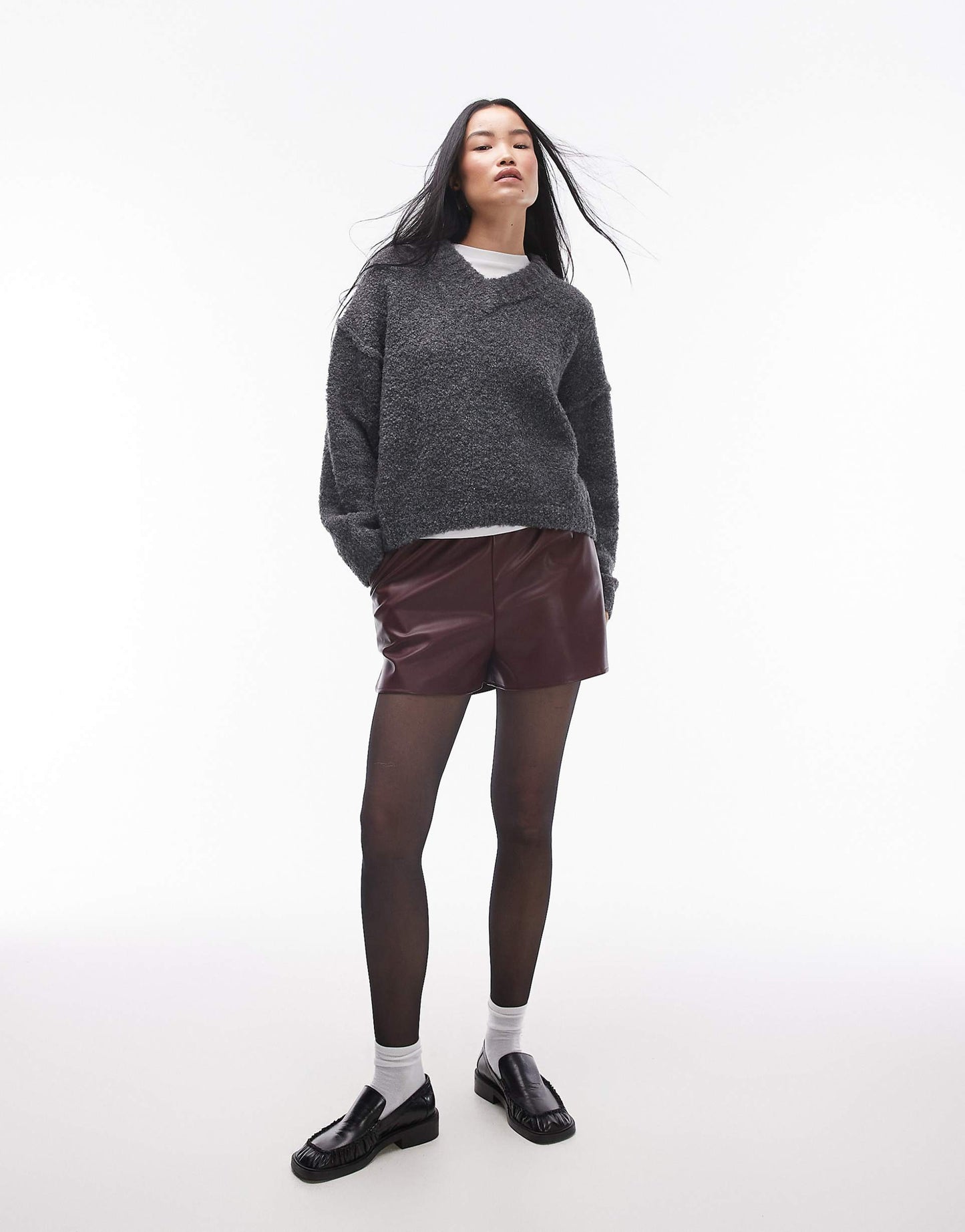 Knitted High V-Neck Boucle Jumper