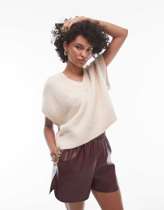 Knitted V-Neck Seam Front Off Shoulder Relaxed Vest