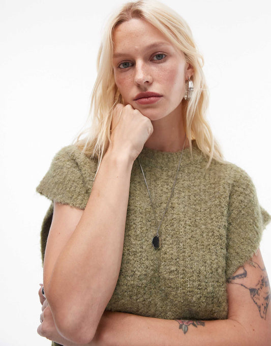 Knitted Crew Boucle Rib Off Shoulder Relaxed Vest