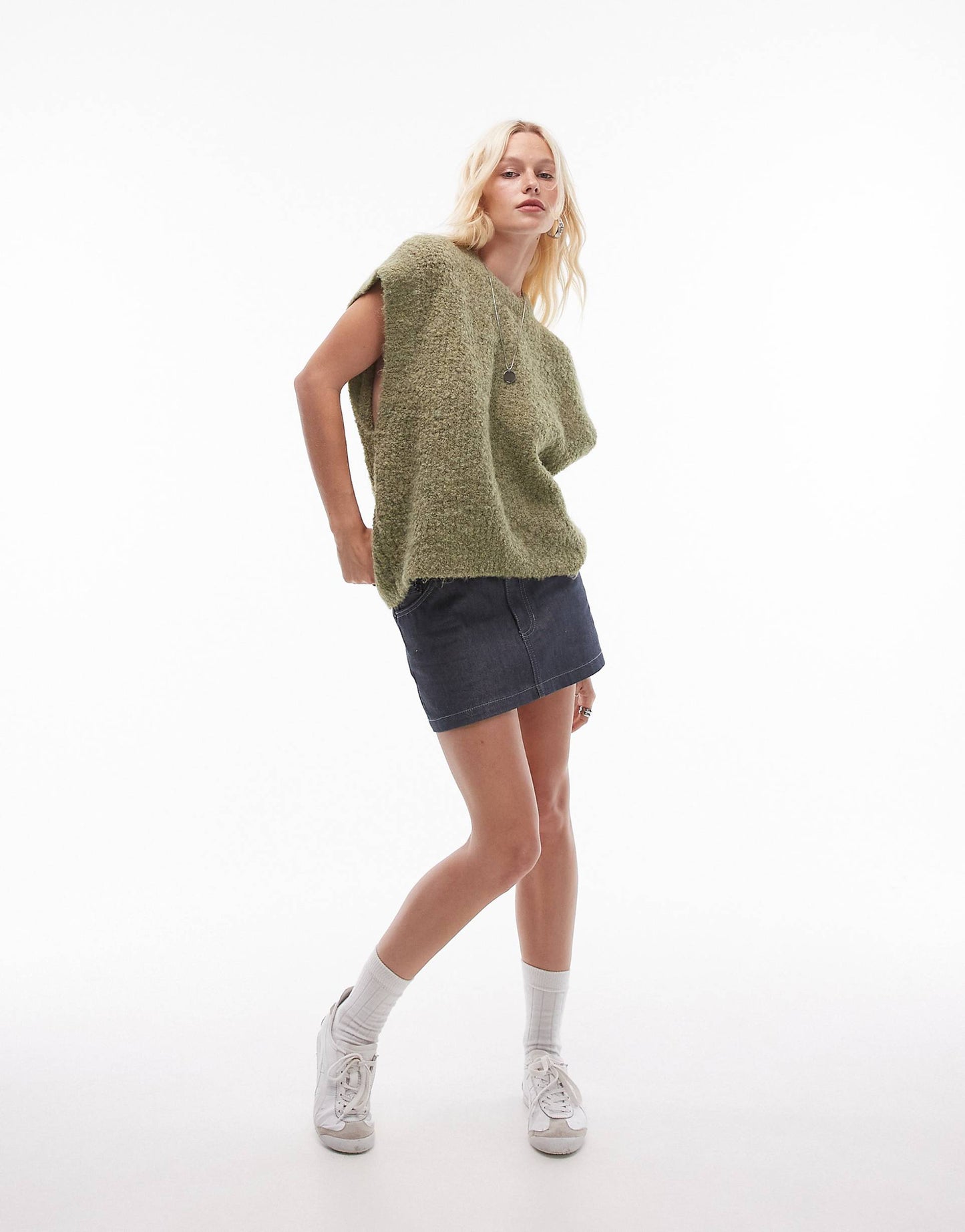 Knitted Crew Boucle Rib Off Shoulder Relaxed Vest