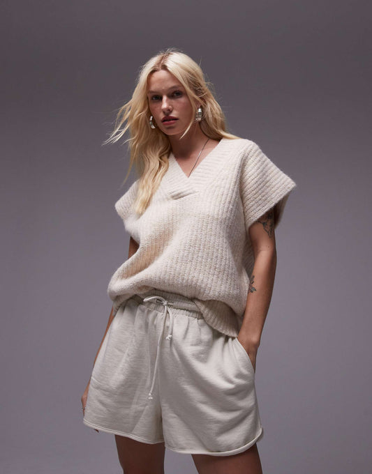 Knitted V-Neck Relaxed Fluffy Ribbed Vest