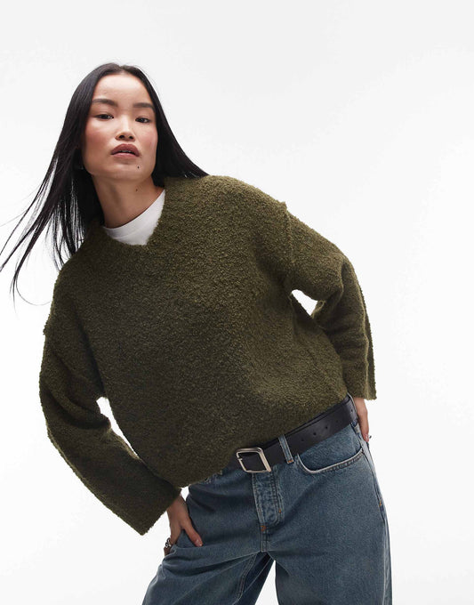 Knitted High V-Neck Boucle Jumper
