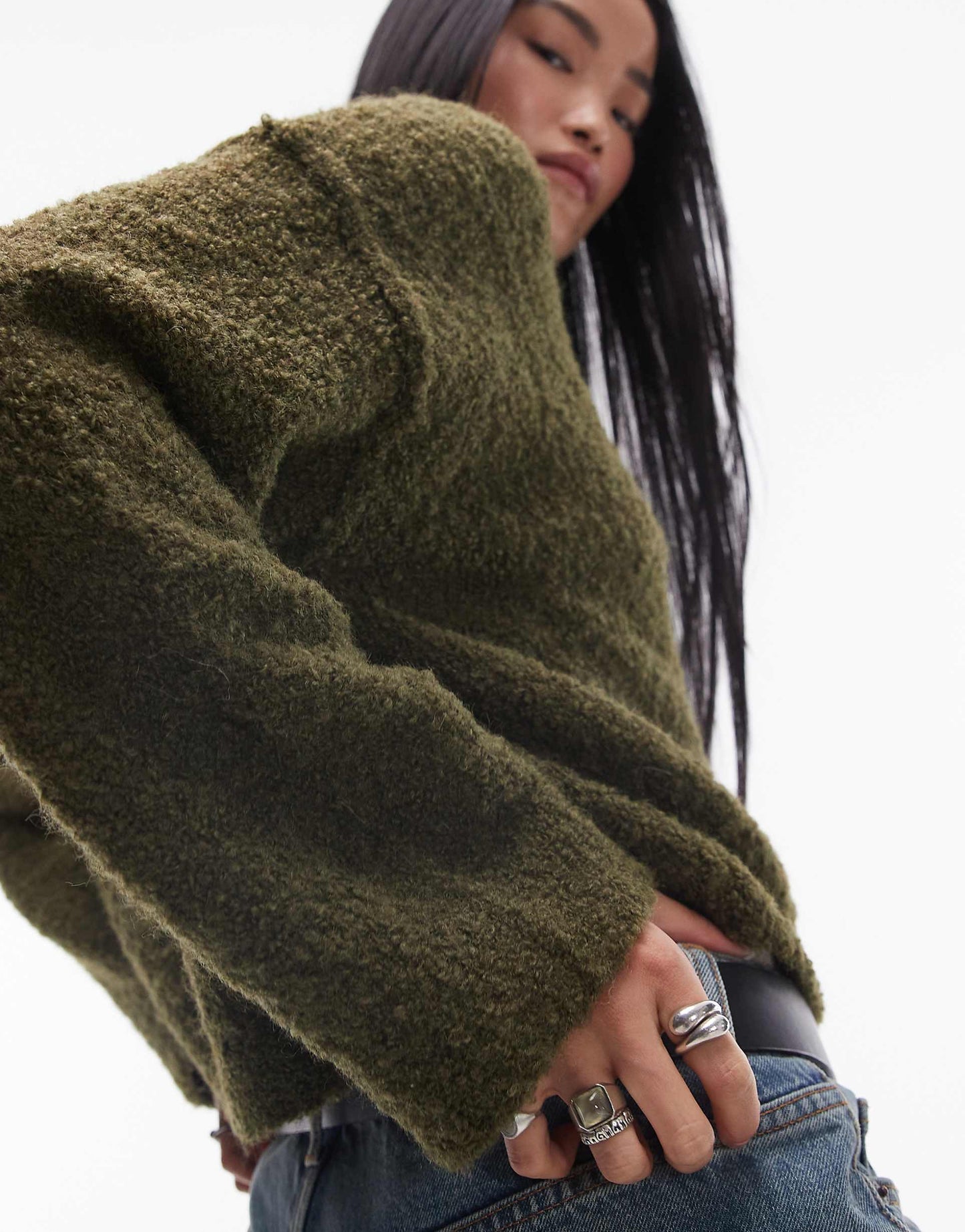 Knitted High V-Neck Boucle Jumper