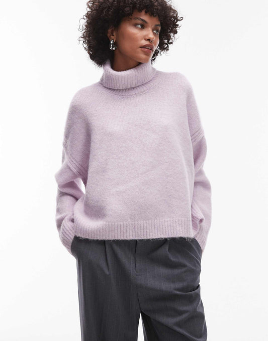 Knitted Exposed Seam Roll Neck Relaxed Jumper