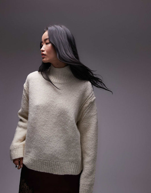 Knitted Seam Stitch Detail Funnel Relaxed Jumper