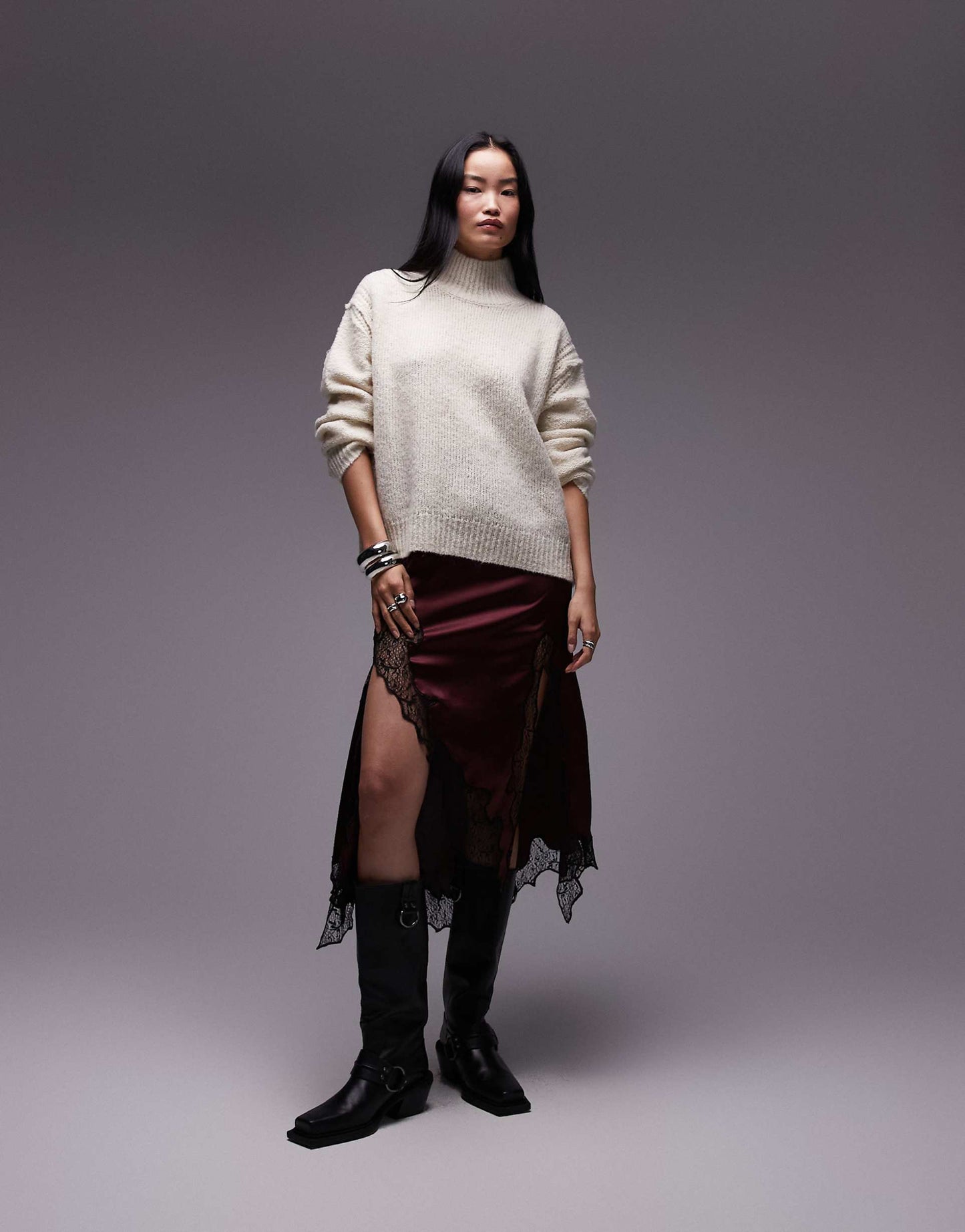 Knitted Seam Stitch Detail Funnel Relaxed Jumper