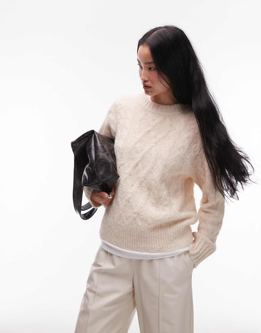 Knitted Fluffy Cable Crew Relaxed Jumper