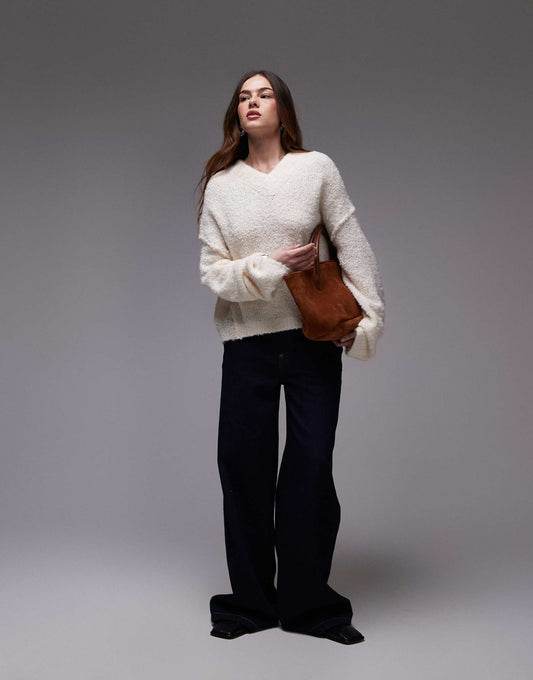 Knitted High V-Neck Boucle Jumper