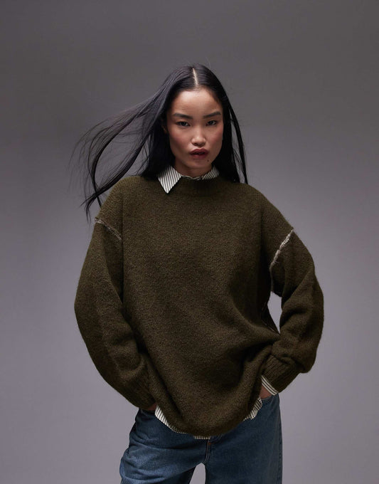 Knitted Exposed Contrast Seam Oversized Jumper
