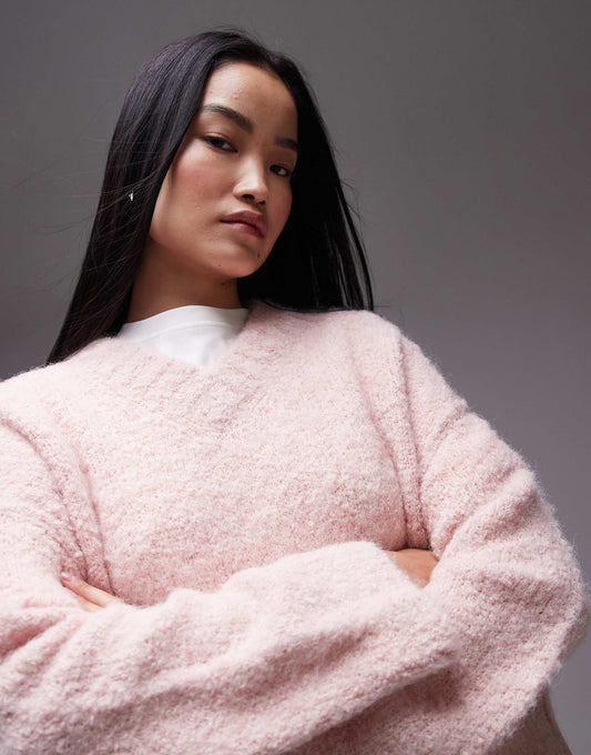 Knitted High V-Neck Boucle Jumper