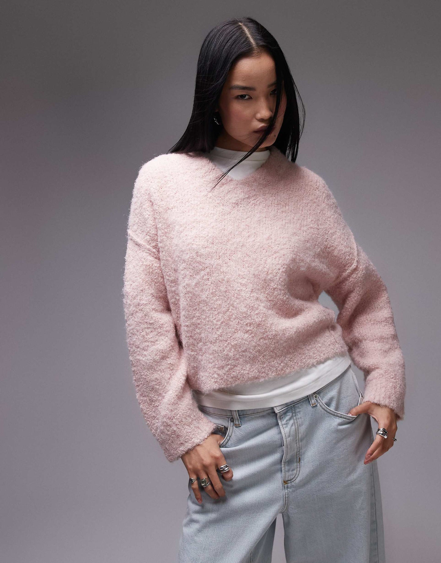 Knitted High V-Neck Boucle Jumper