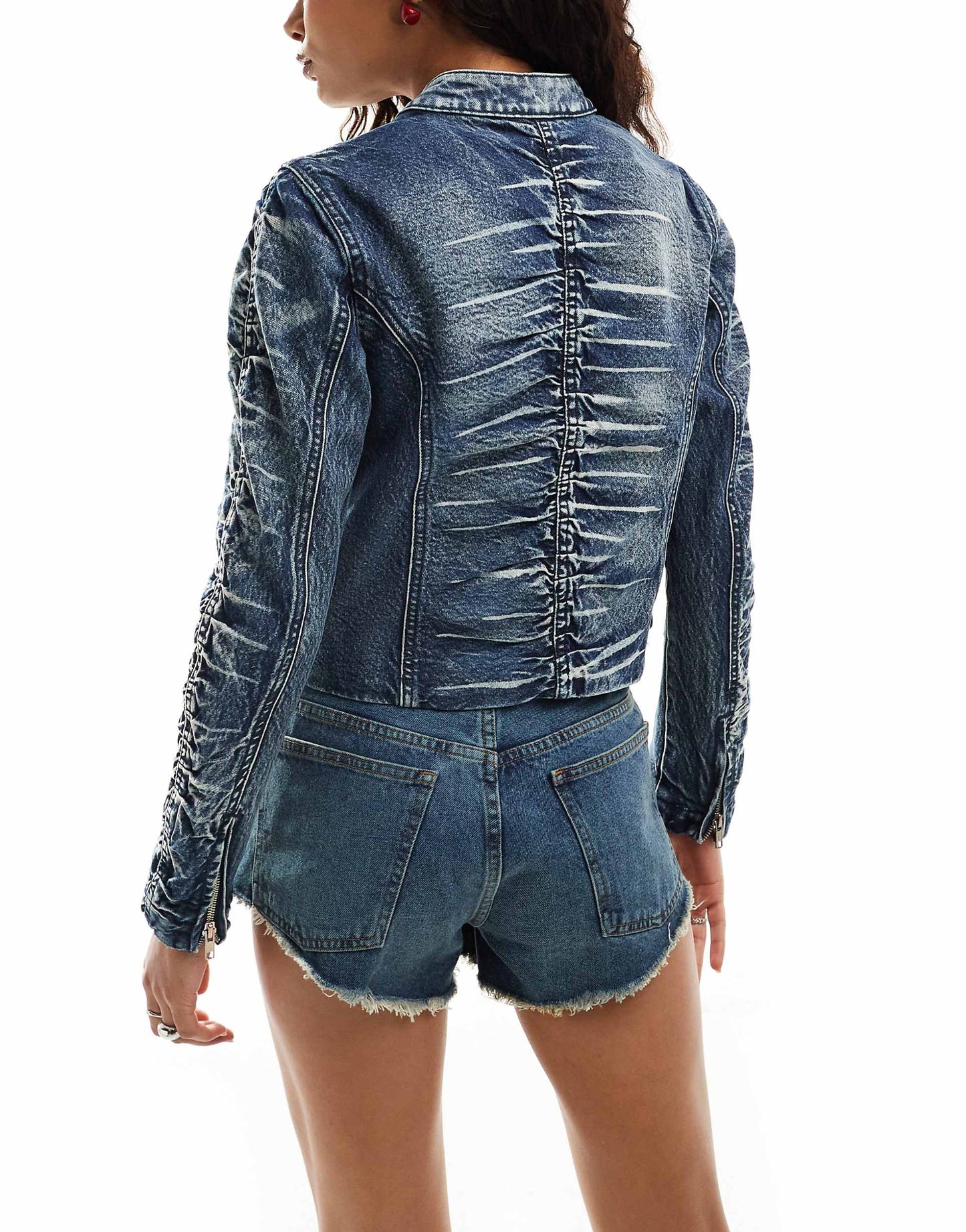 Ruched Denim Biker Jacket
