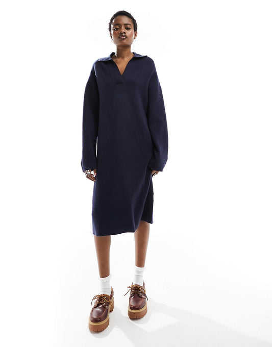Knitted Polo Collar Midi Long Sleeve Dress