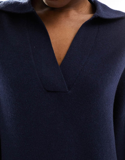 Knitted Polo Collar Midi Long Sleeve Dress