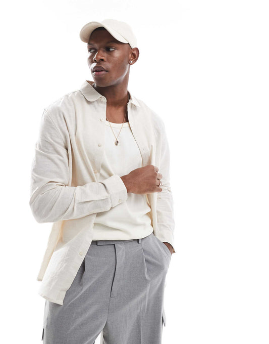 Regular Smart Linen Mix Shirt With Penny Collar