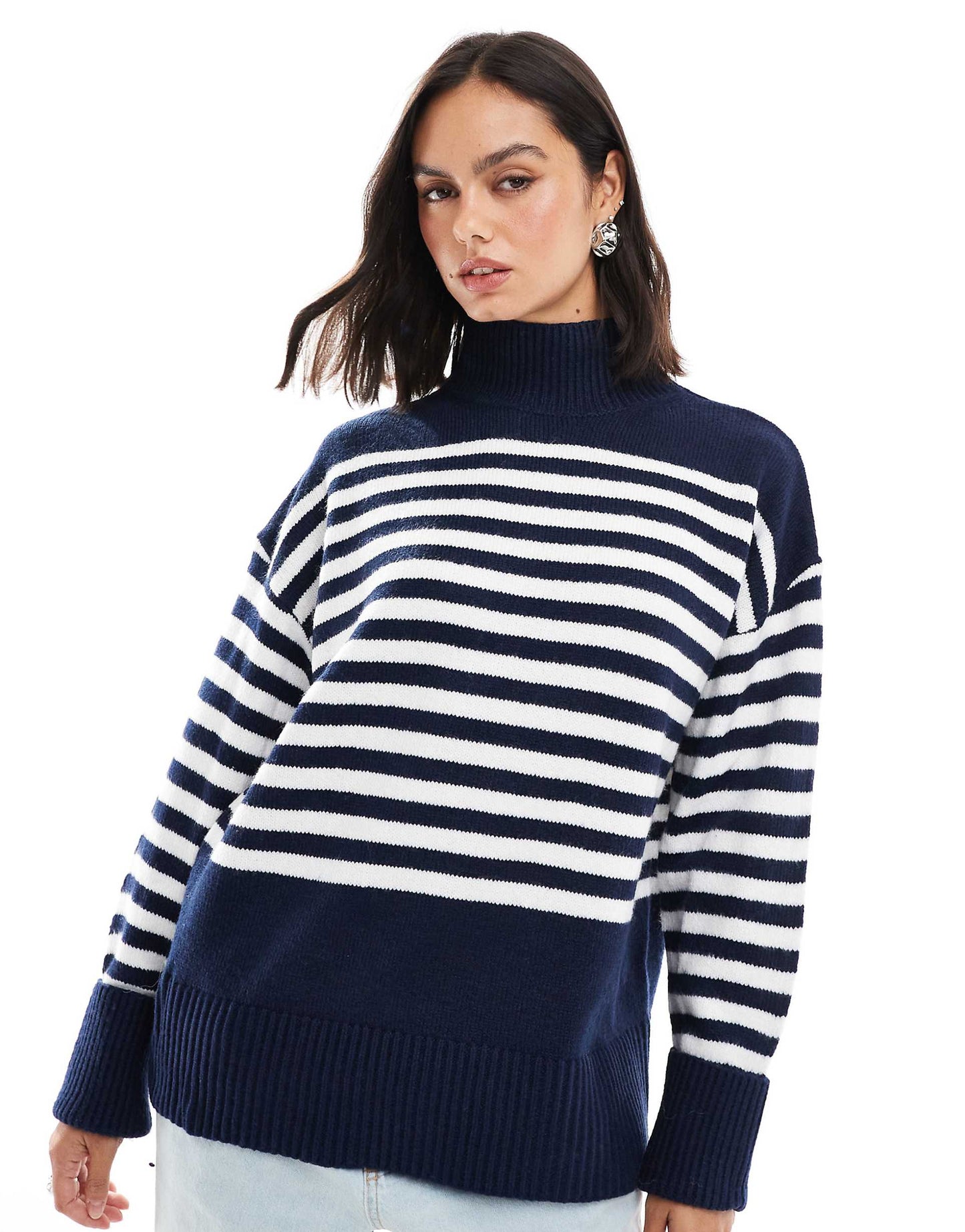 Knitted High Neck Jumper With Turn Back Cuffs