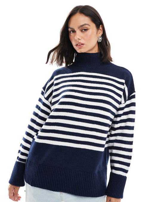 Knitted High Neck Jumper With Turn Back Cuffs