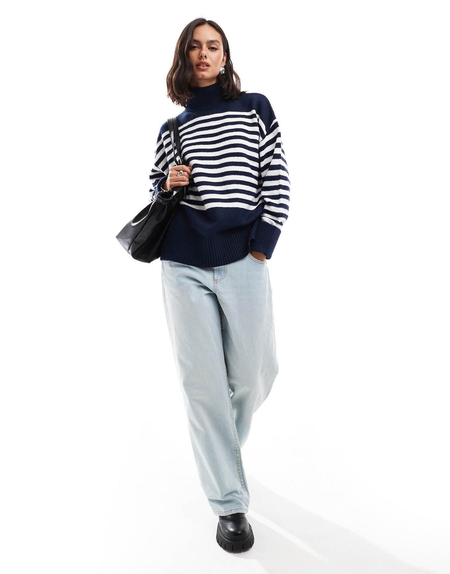 Knitted High Neck Jumper With Turn Back Cuffs