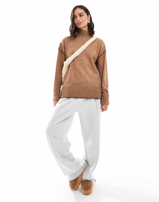 Knitted High Neck Jumper With Turn Back Cuffs With Contrast Stitch