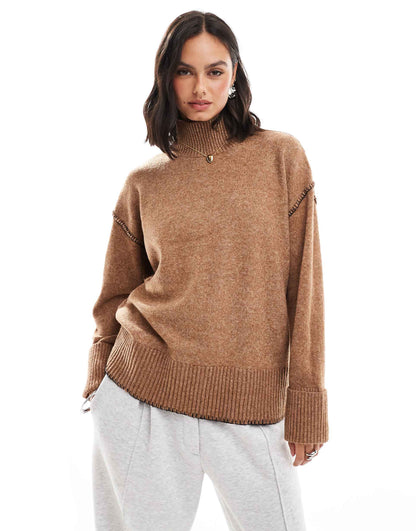 Knitted High Neck Jumper With Turn Back Cuffs With Contrast Stitch