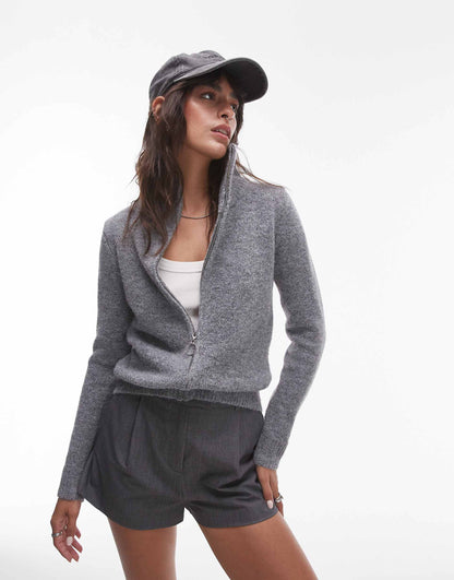 Knitted Fluffy Zip Through Cardigan