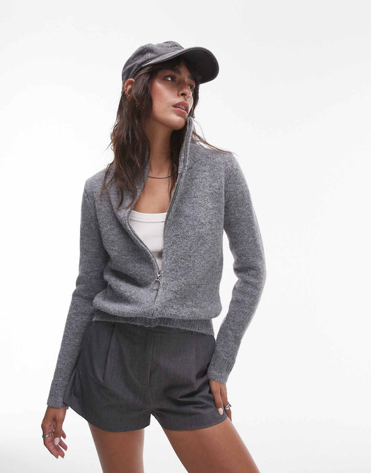 Knitted Fluffy Zip Through Cardigan
