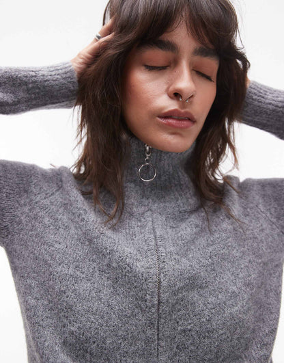 Knitted Fluffy Zip Through Cardigan