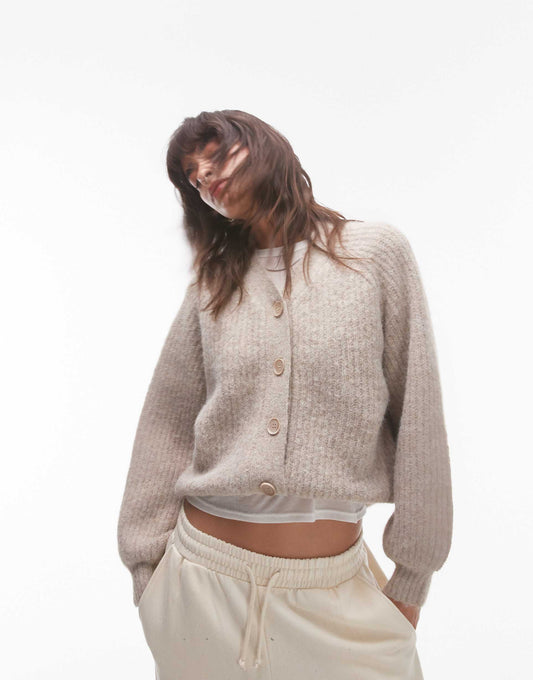Knitted High V-Neck Fluffy Cardigan