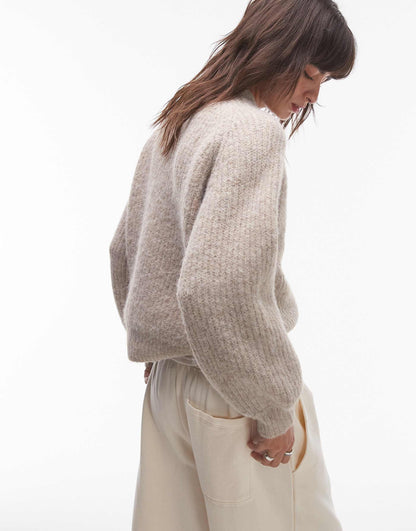 Knitted High V-Neck Fluffy Cardigan