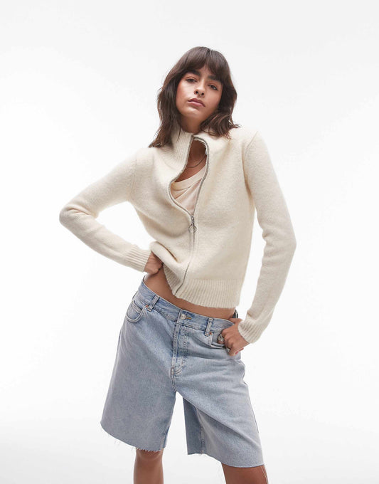 Knitted Fluffy Zip Through Cardigan