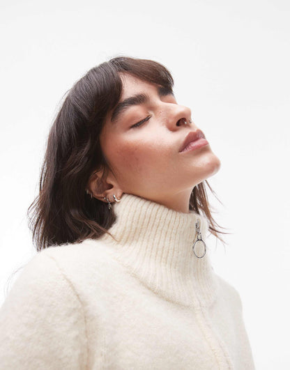 Knitted Fluffy Zip Through Cardigan