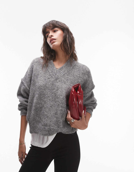 Knitted High V-Neck Fluffy Jumper