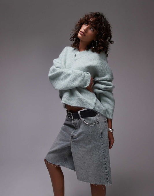 Knitted High V-Neck Fluffy Jumper