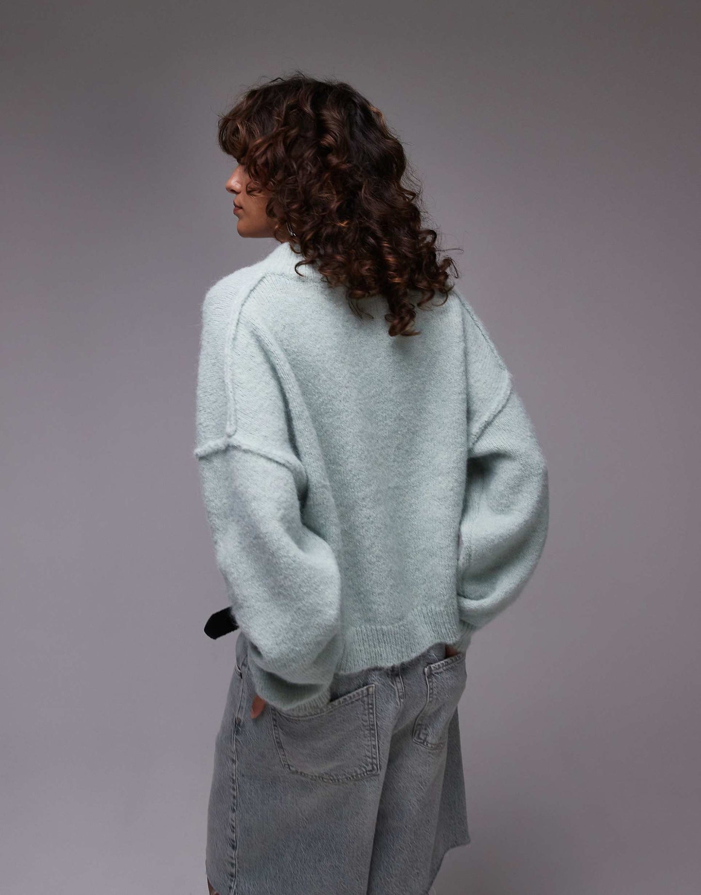 Knitted High V-Neck Fluffy Jumper