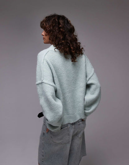 Knitted High V-Neck Fluffy Jumper