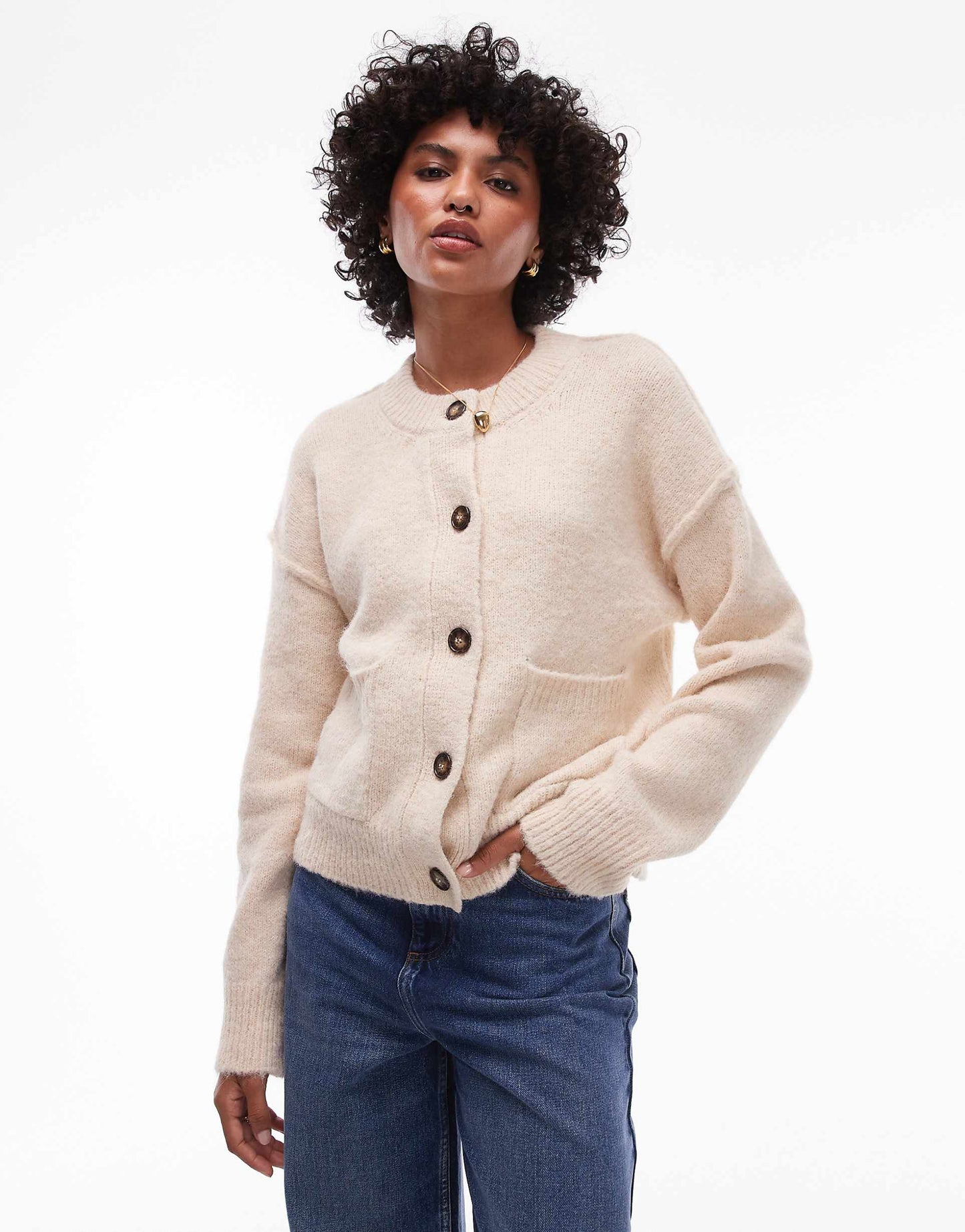 Knitted Relaxed Exposed Seam Crew Cardi With Pockets