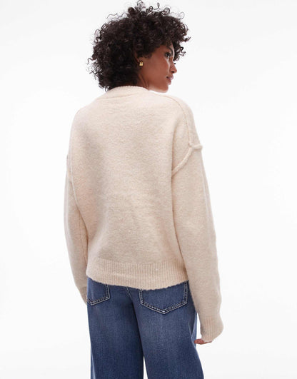 Knitted Relaxed Exposed Seam Crew Cardi With Pockets